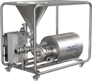 Stainless steel industrial mixing system for powders into liquids with wheels, with Alfa Laval brand name written on the pump.
