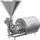 Stainless steel inline powder mixing system for liquids with a funnel and cylindrical component, featuring the Alfa Laval logo.